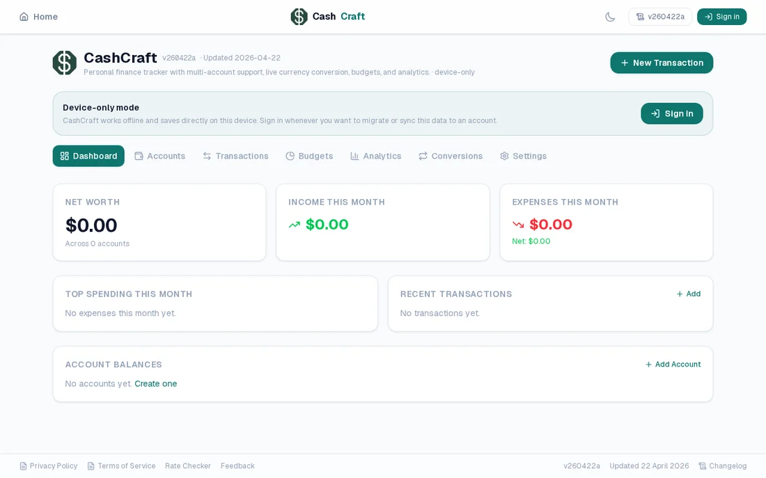 CashCraft dashboard on desktop: net worth, income, expenses, top spending, recent transactions and account balances.