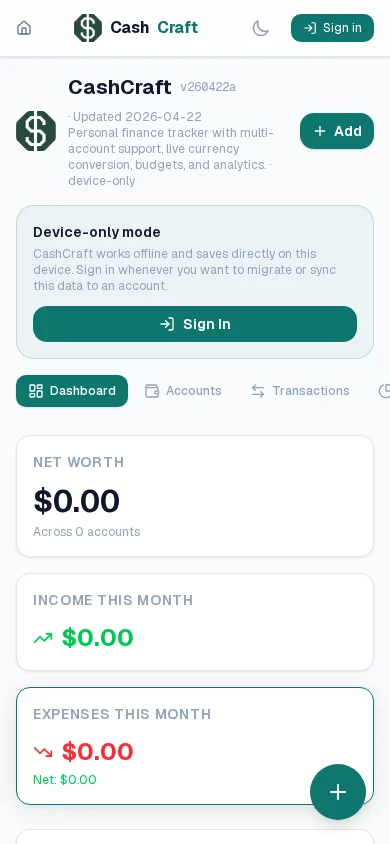 CashCraft dashboard on a phone-sized screen.