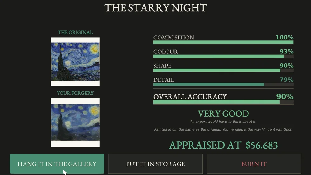 The result screen for a copy of The Starry Night: composition 100%, colour 93%, shape 90%, detail 79%, overall 90%.