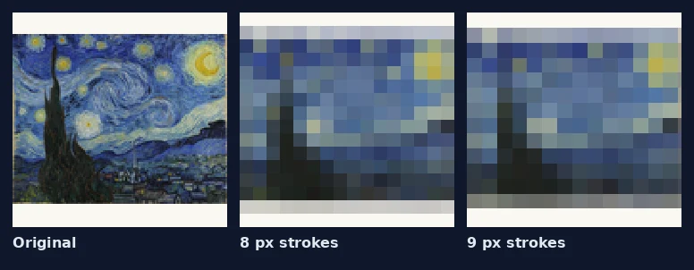 The Starry Night as block mosaics at 8 px and 9 px.