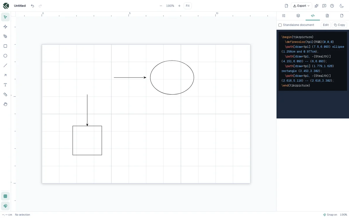 TikZpen with a few shapes drawn and the generated TikZ code in the side panel.