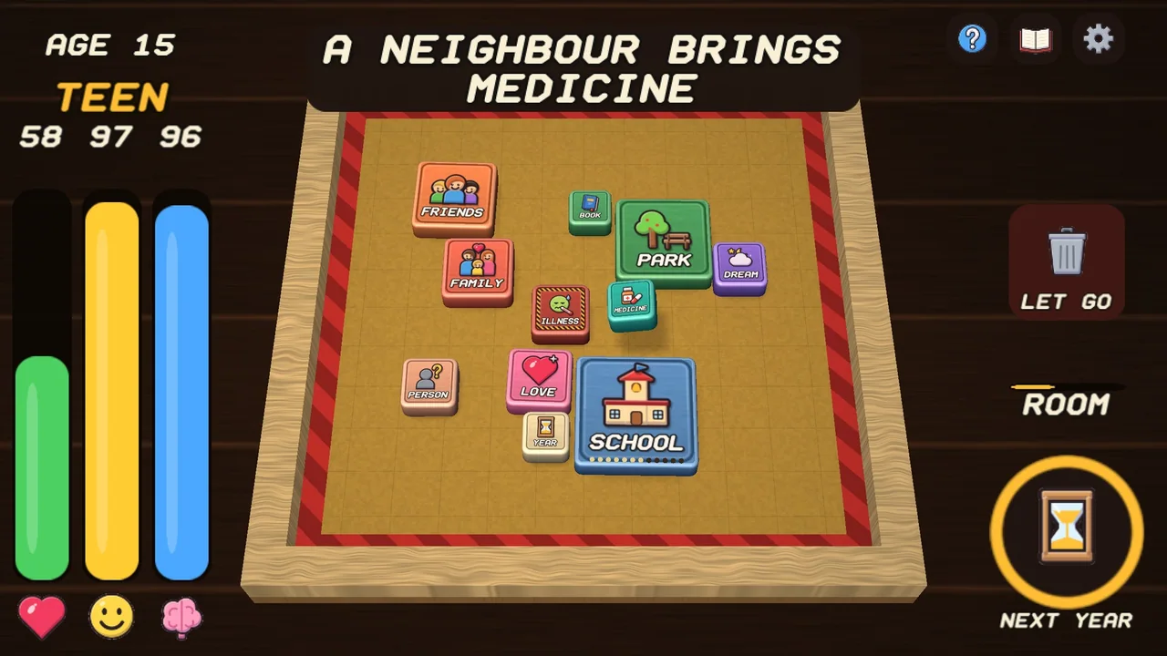 A teenager's tray with a school token, while a neighbour brings medicine as a random event.