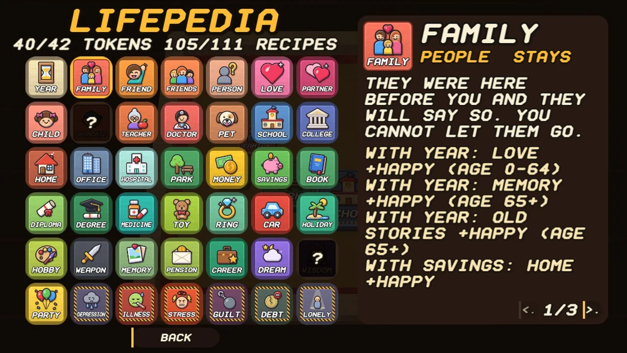 The Lifepedia lists every token and mix found so far, with the recipes for the selected token on the right.