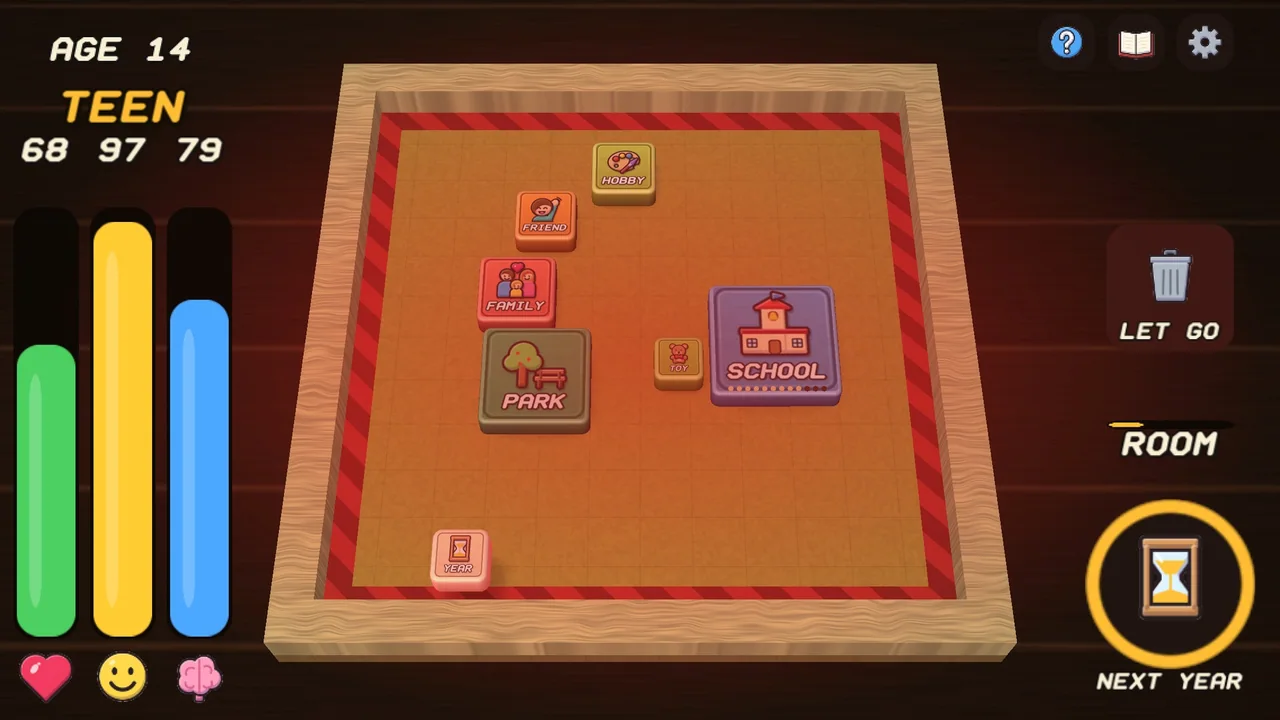 A tray at age 14 glowing red as tokens drift toward the wall, the red warning stripe in action.