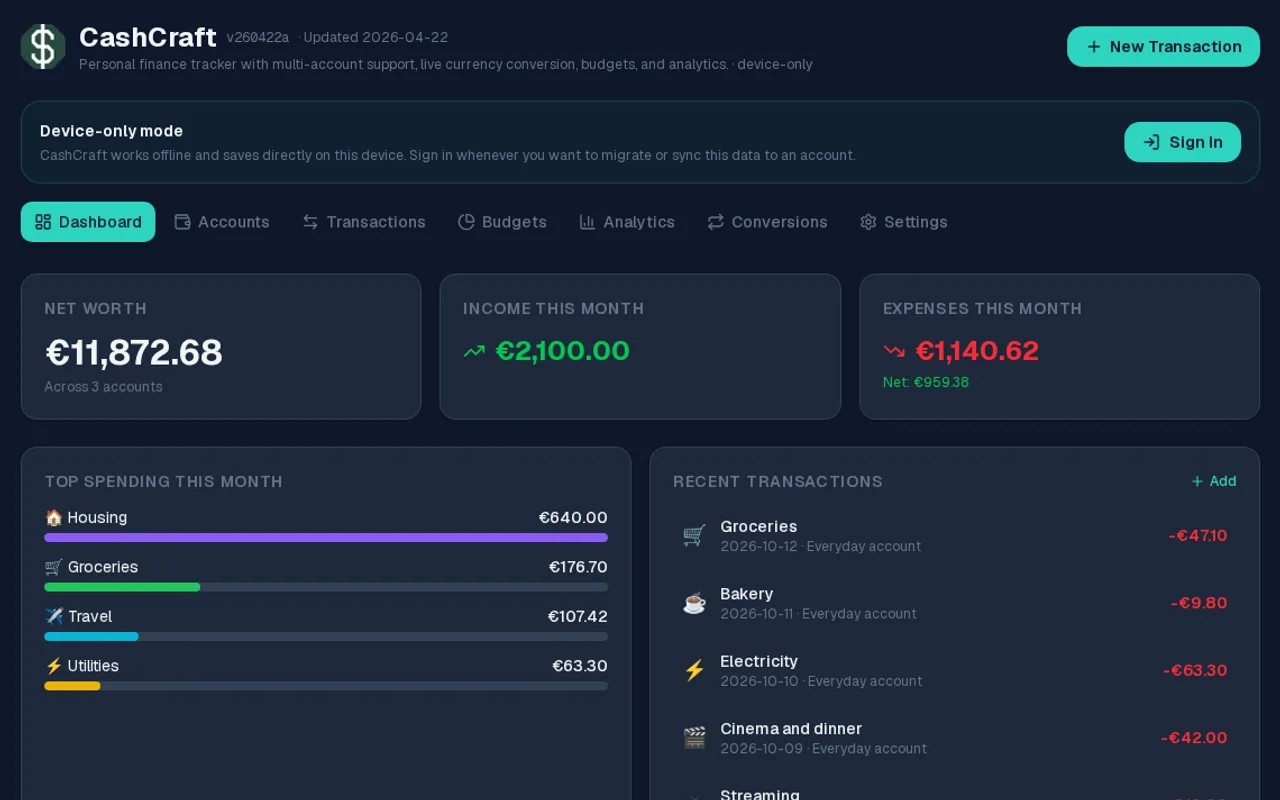 The CashCraft dashboard in the browser with balances, recent transactions and budget progress.