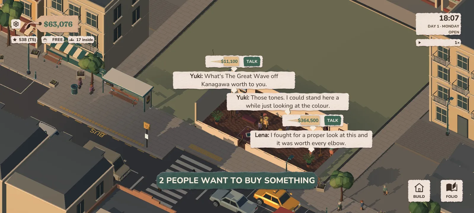 The gallery street from above: buyers talk about the paintings they saw, and two of them want to buy something.