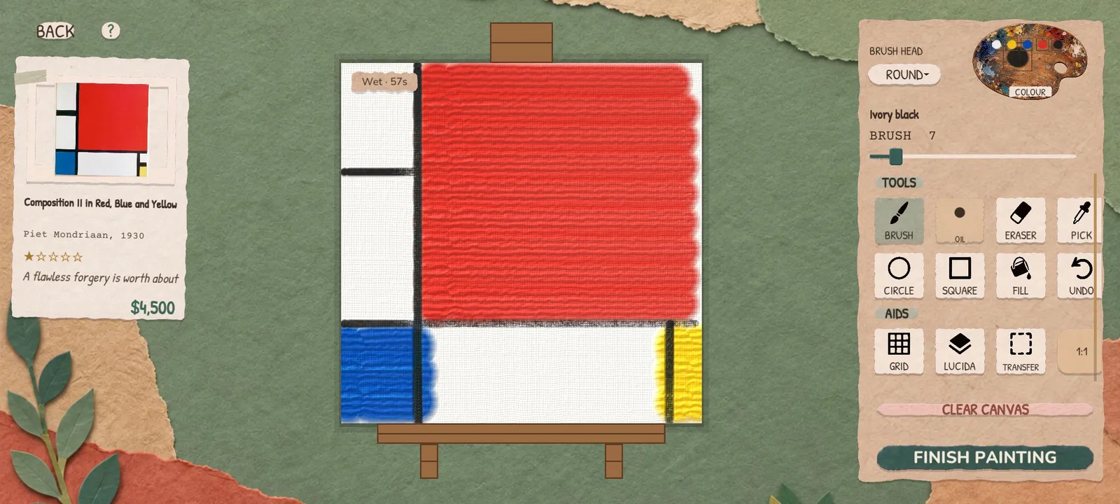 The studio: a copy of Mondrian's Composition II in Red, Blue and Yellow on the easel, with the reference card on the left and brush tools on the right.