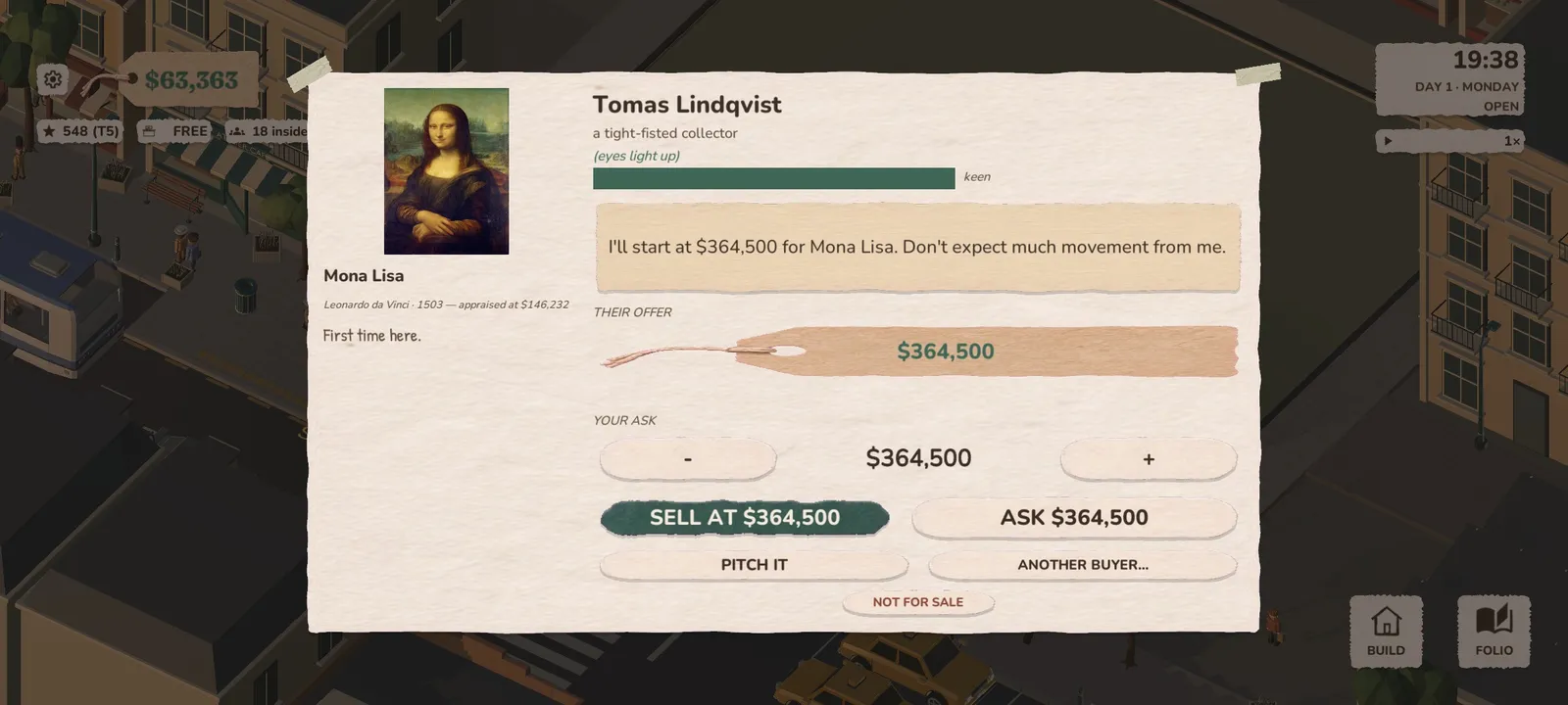 Haggling over a Mona Lisa copy: a collector opens at $364,500 and the player can accept, ask for more or pitch it.