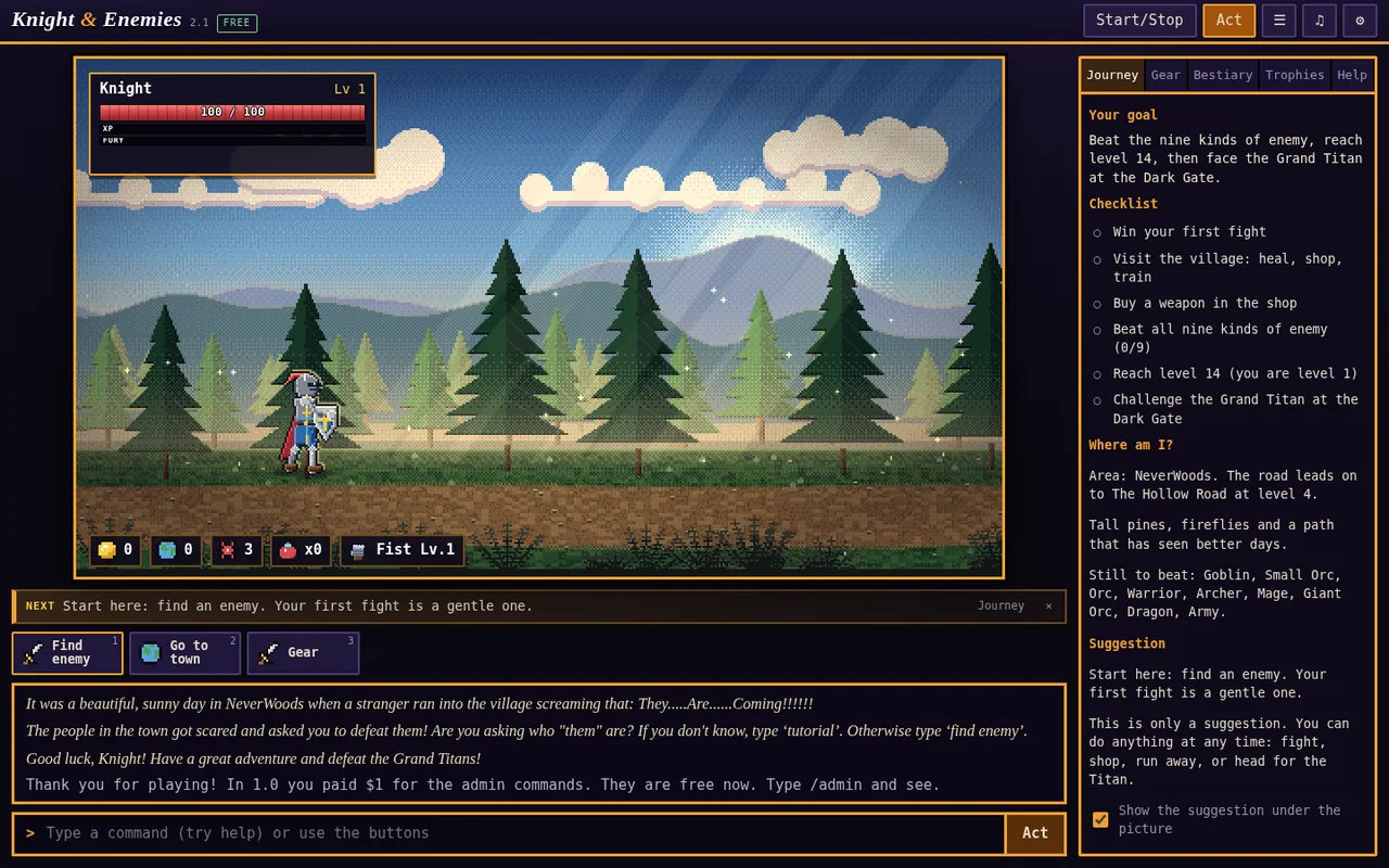 A pixel-art knight faces an enemy on a forest path, with the console and weapon list around the scene.