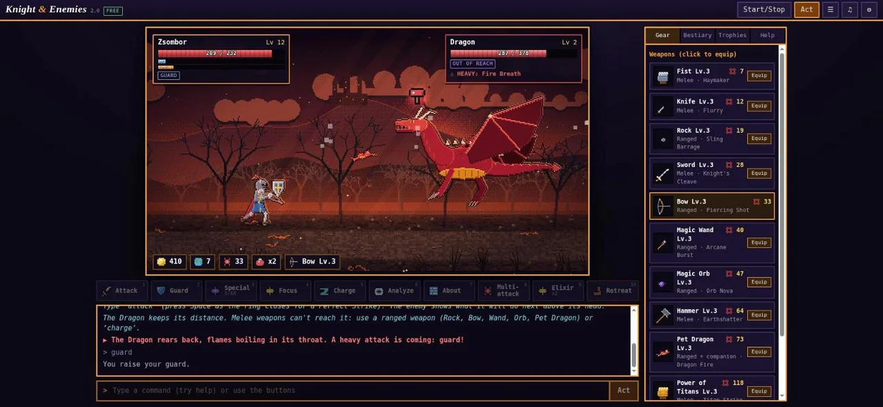 The knight fights a red dragon under a dark sky.