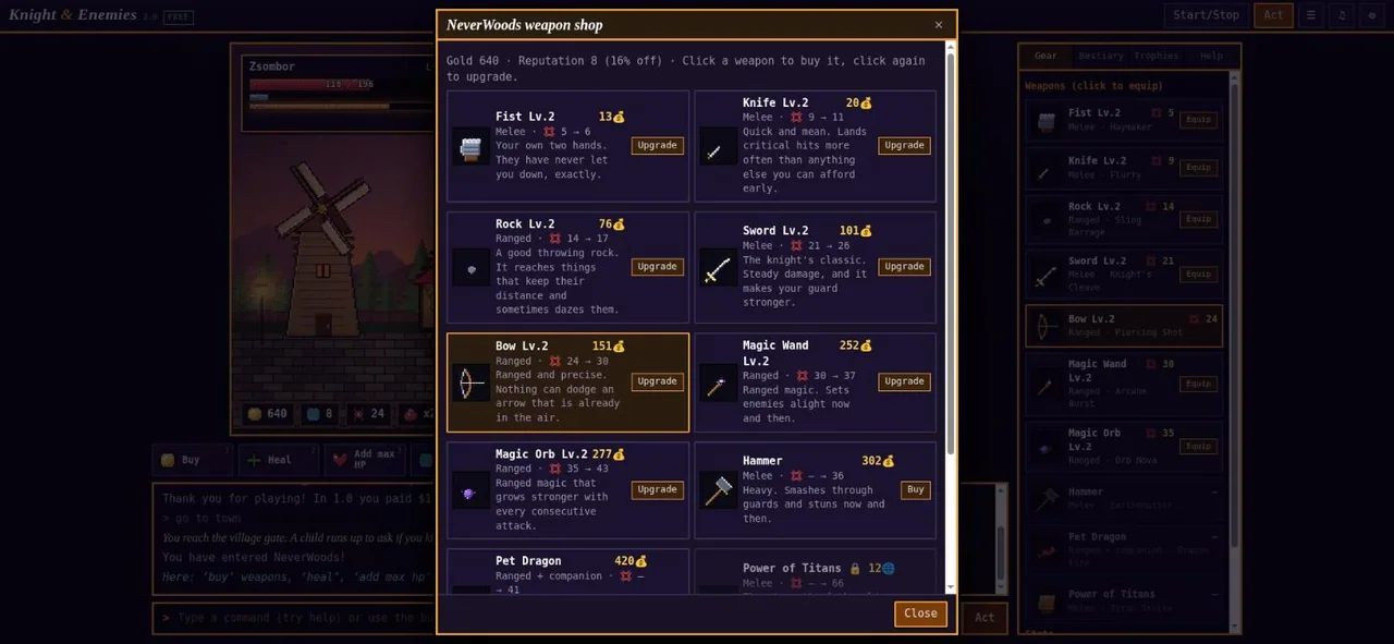 The weapon shop lists upgrades with prices and short descriptions.