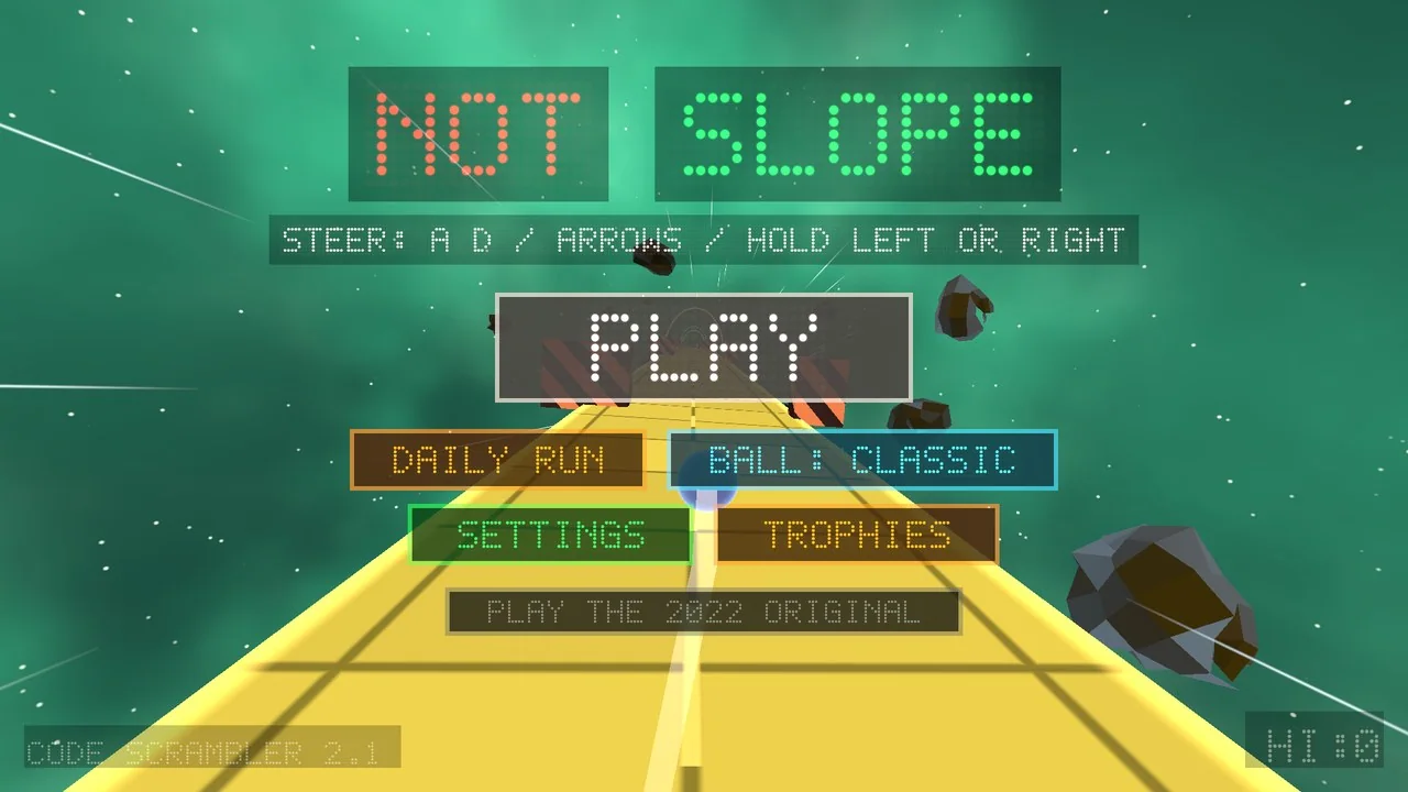 The title screen with Play, Daily Run, Settings and Trophies buttons over a yellow chute.