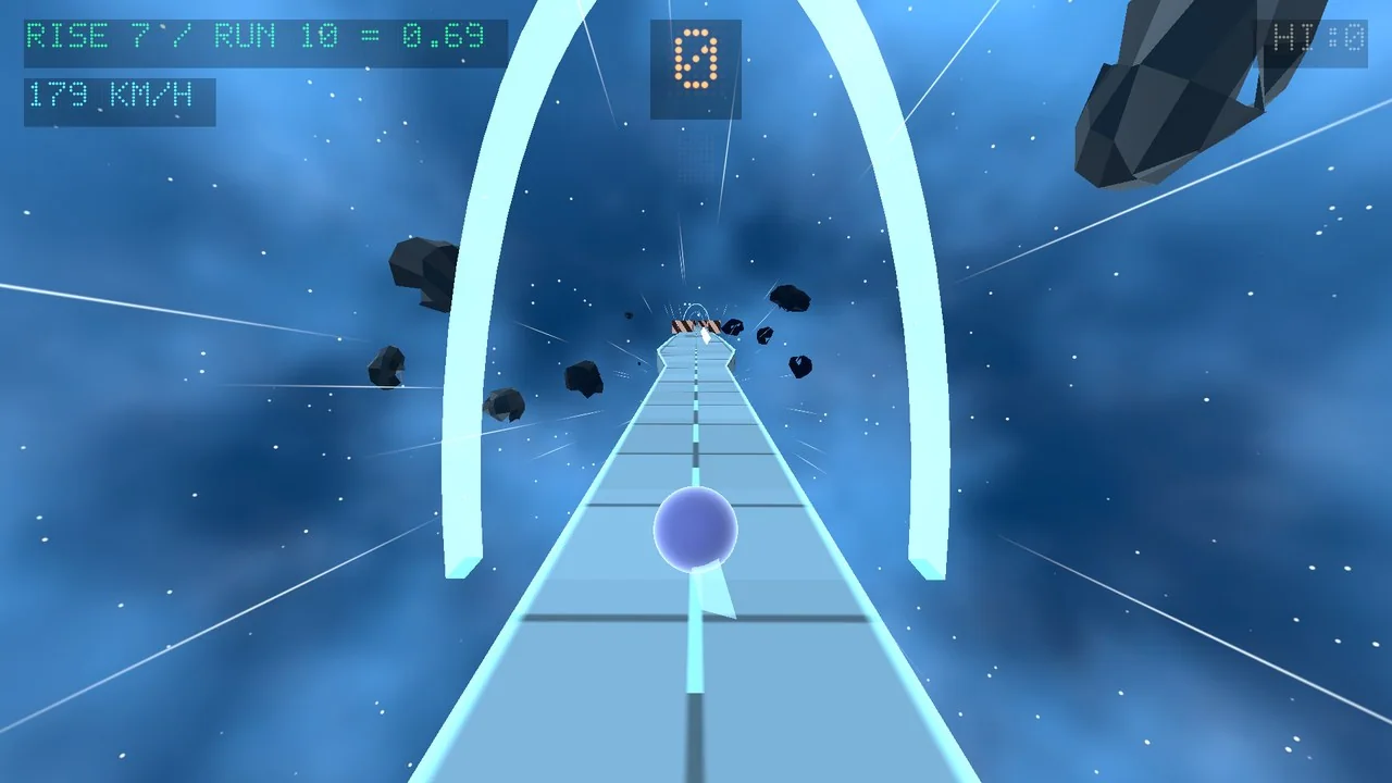 An ice-blue sector with a tall arch and drifting rocks.