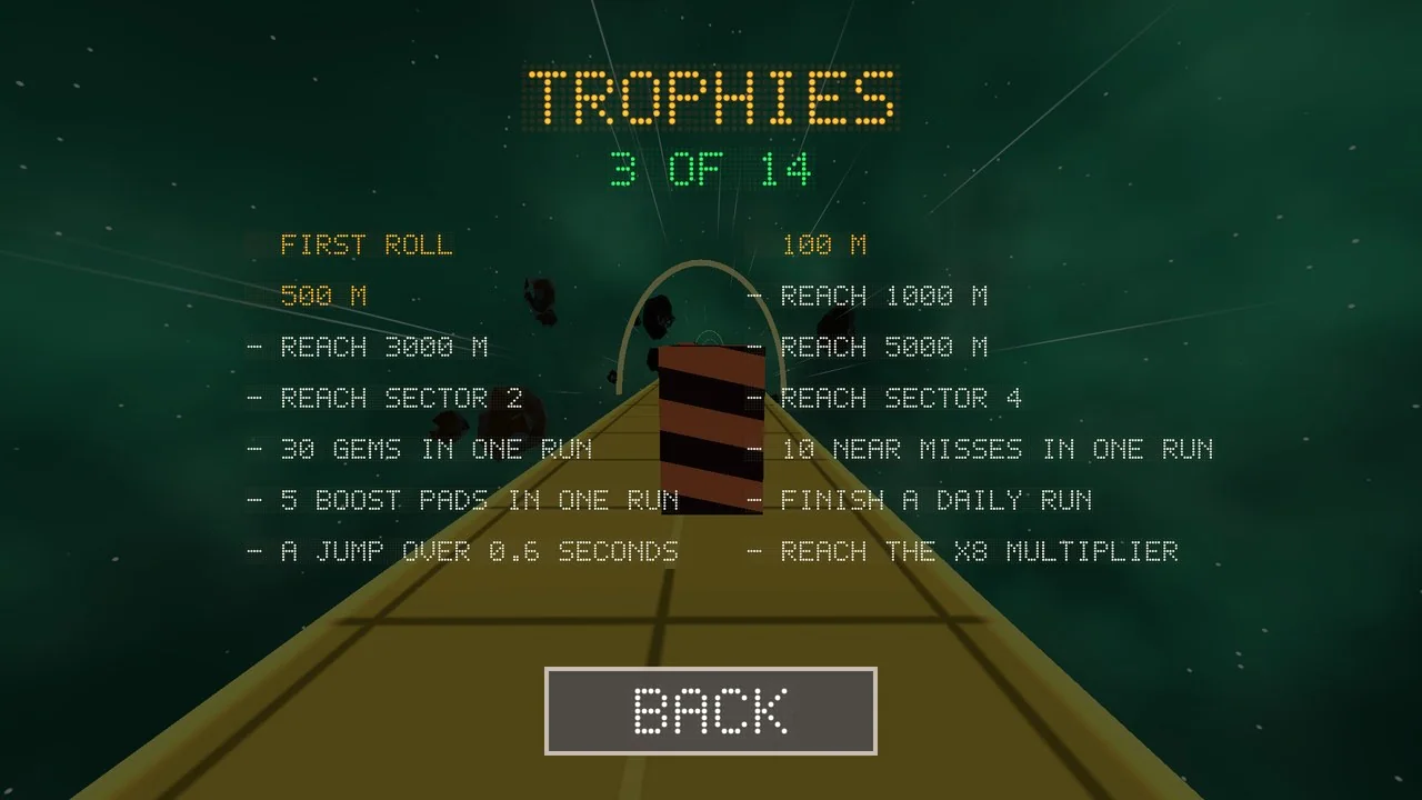 The trophies screen shows 3 of 14 unlocked, each with its goal.