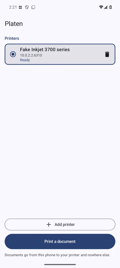 The Platen home screen lists the saved printer, with buttons to add a printer and print a document.