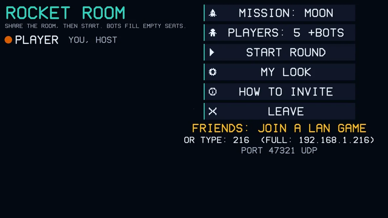 The lobby screen lists the room, mission, player count and the options to start a round or invite friends.