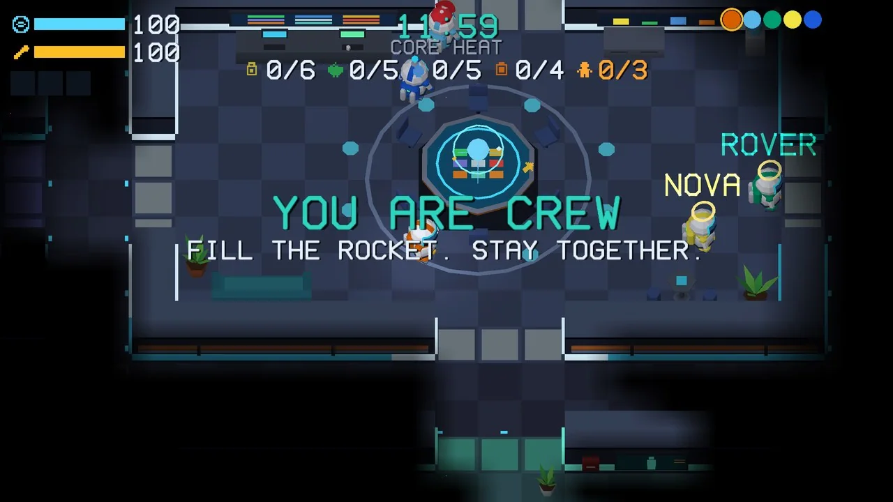 The start of a round: the game tells you that you are crew, and two crewmates wait by the central launch ring.