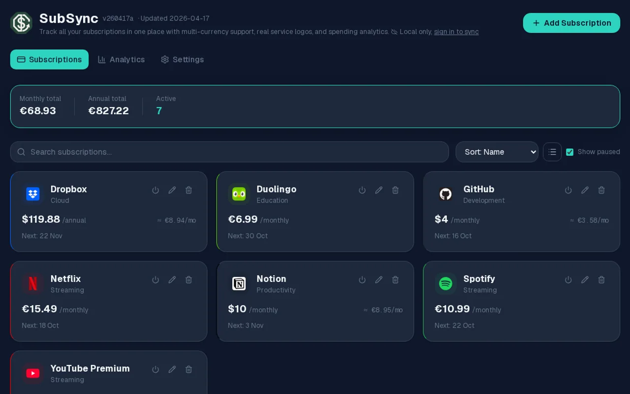 The SubSync dashboard in the browser with a list of subscriptions, service logos and monthly spend.